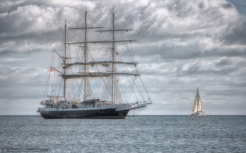 Sailing Ship on Sea — Gray, Dramatic, Photograph, Sailboat, Cloudy Sky