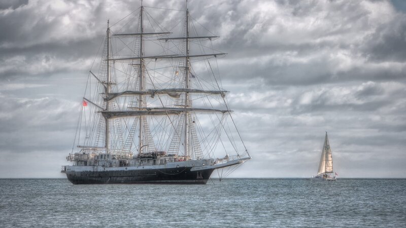 Sailing Ship on Sea — Gray, Dramatic, Photograph, Sailboat