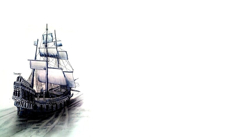 Sailing Ship on Water — Black, Dramatic