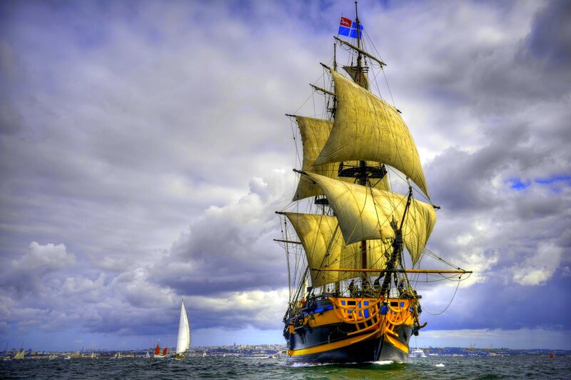 Sailing Ship on Water — Blue, Dramatic, Afternoon, Photograph