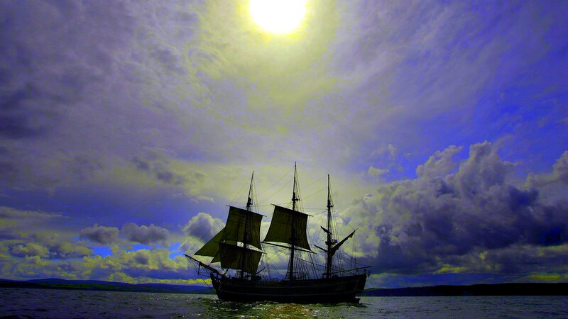 Sailing Ship on Water — Blue, Dramatic, Afternoon