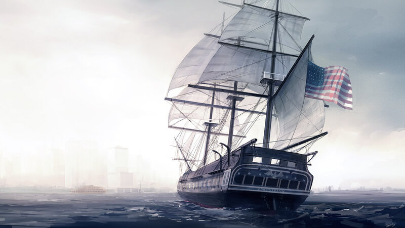 Sailing Ship on Water — Blue, Dramatic, Morning