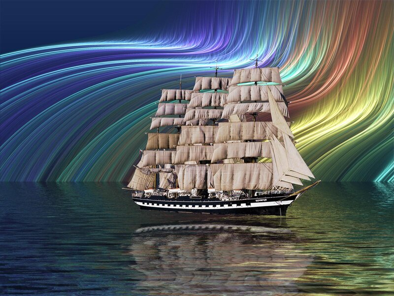 Sailing Ship on Water — Blue, Dramatic, Night