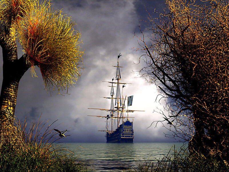 Sailing Ship on Water — Blue, Dramatic