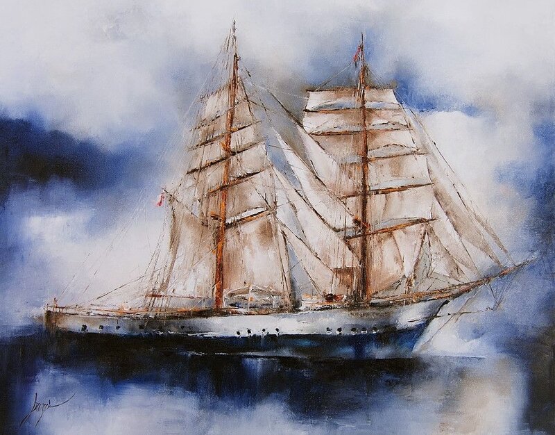 Sailing Ship on Water — Blue