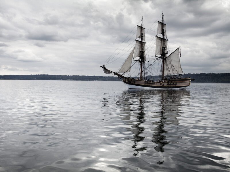 Sailing Ship on Water — Gray, Calm, Photograph