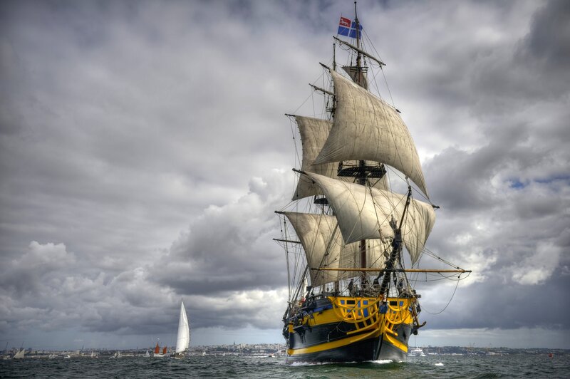 Sailing Ship on Water — Gray, Dramatic, Afternoon, Photograph, Sailboat
