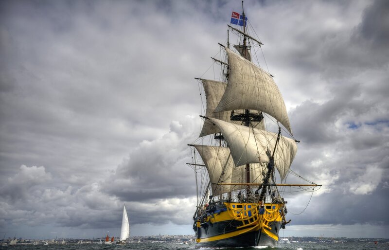 Sailing Ship on Water — Gray, Dramatic, Afternoon, Photograph