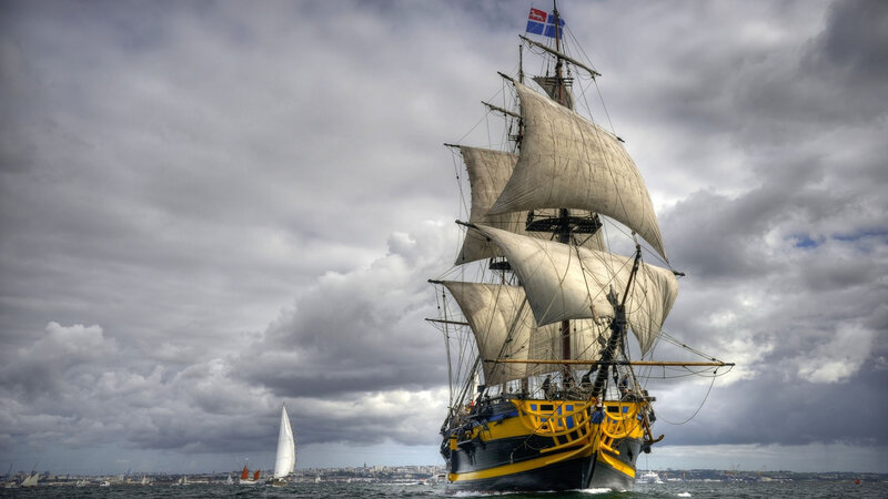 Sailing Ship on Water — Gray, Dramatic, Afternoon