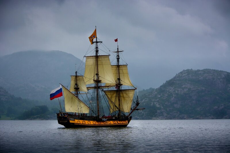 Sailing Ship on Water — Gray, Dramatic, Photograph, Mountains
