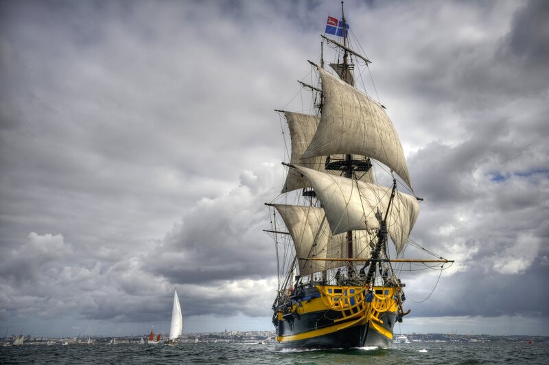 Sailing Ship on Water — Gray, Dramatic, Photograph, Sailboat