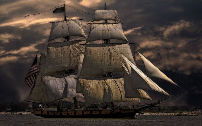 Sailing Ship on Water — Gray, Dramatic, Sunset