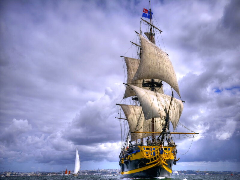 Sailing Ship on Water — Gray, Dramatic