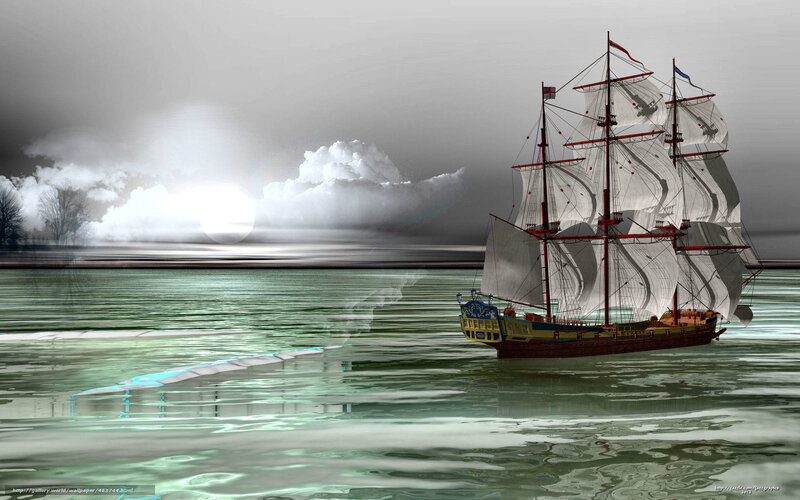 Sailing Ship on Water — Green, Dramatic