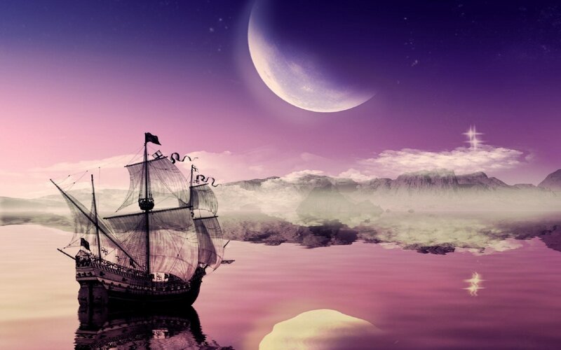 Sailing Ship on Water — Purple, Serene, Night