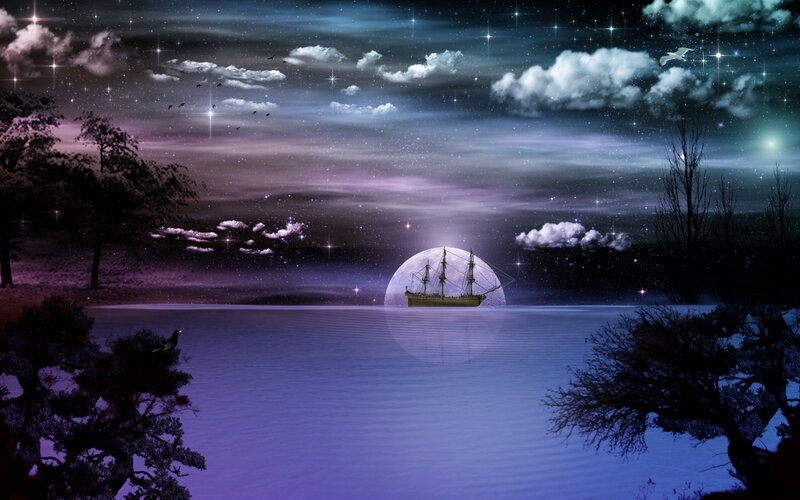 Sailing Ship on Water — Purple, Serene