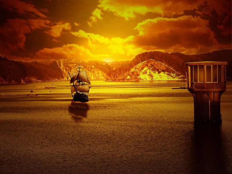 Sailing Ship on Water — Yellow
