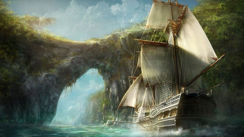 Sailing Ship Through Arch — Blue