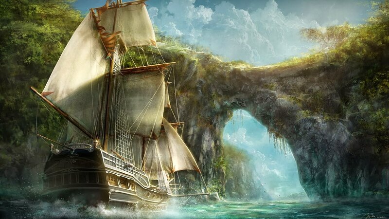 Sailing Ship Through Arch — Green