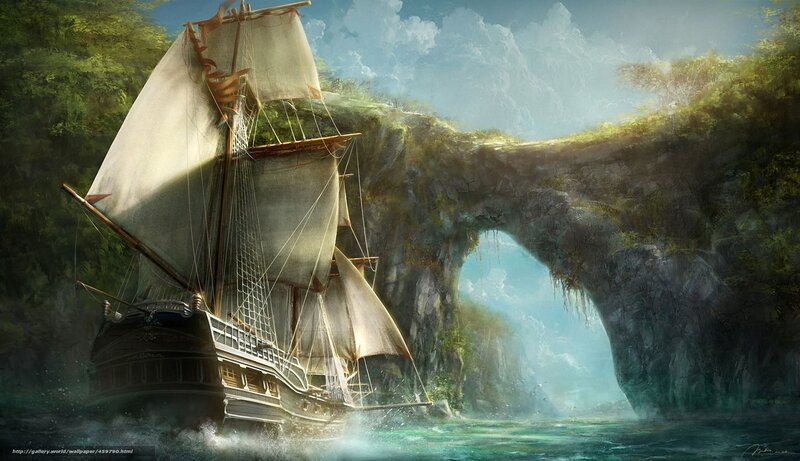Sailing ship through natural arch