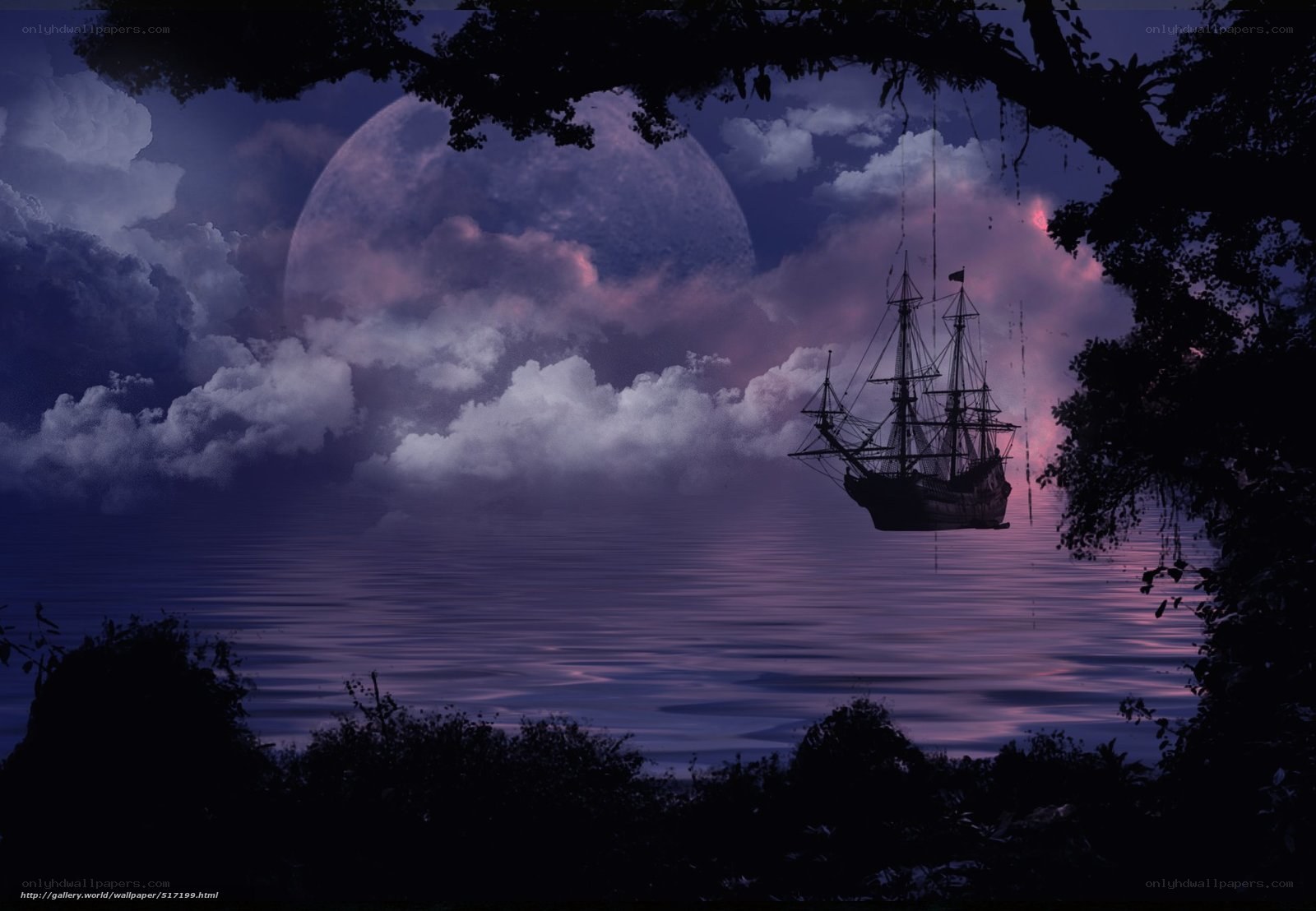 Sailing ship under a giant moon