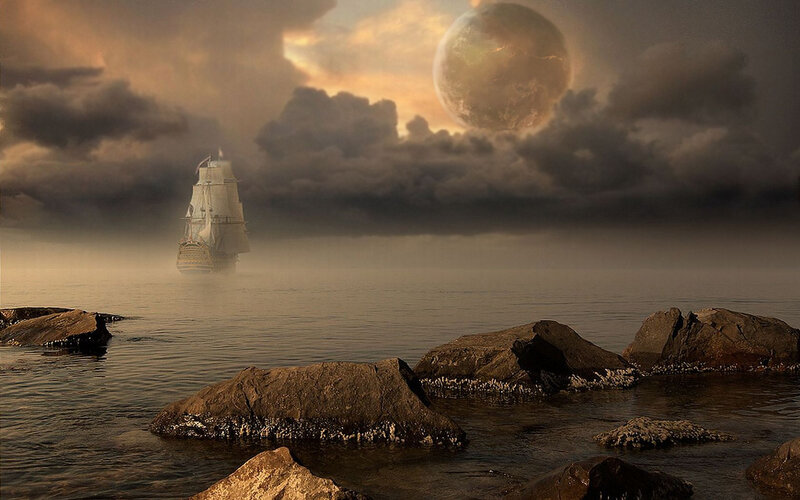 Sailing ship under alien moon