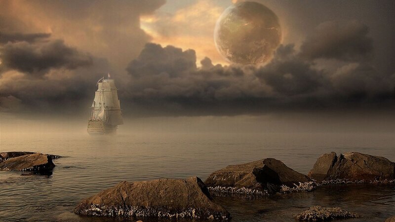sailing ship under alien moon