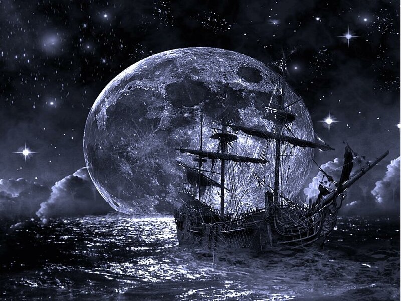 sailing ship under giant moon