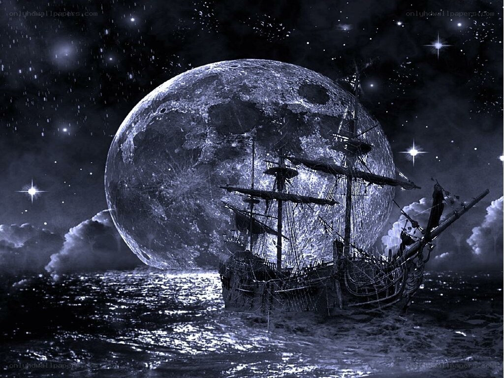 sailing ship under giant moon