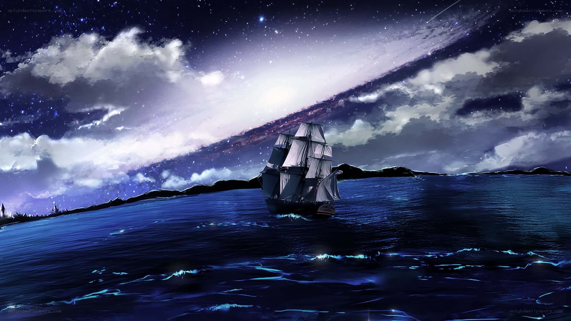 sailing ship under starry sky