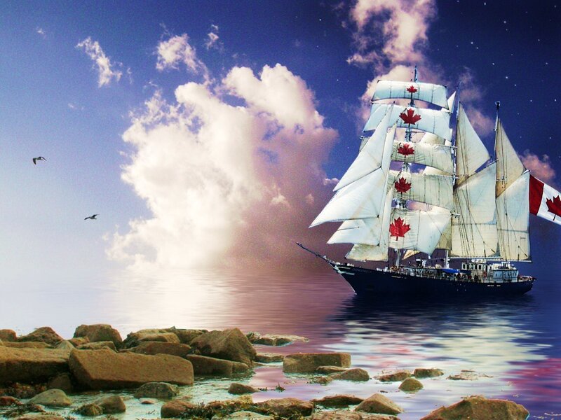 Sailing ship with Canadian flags