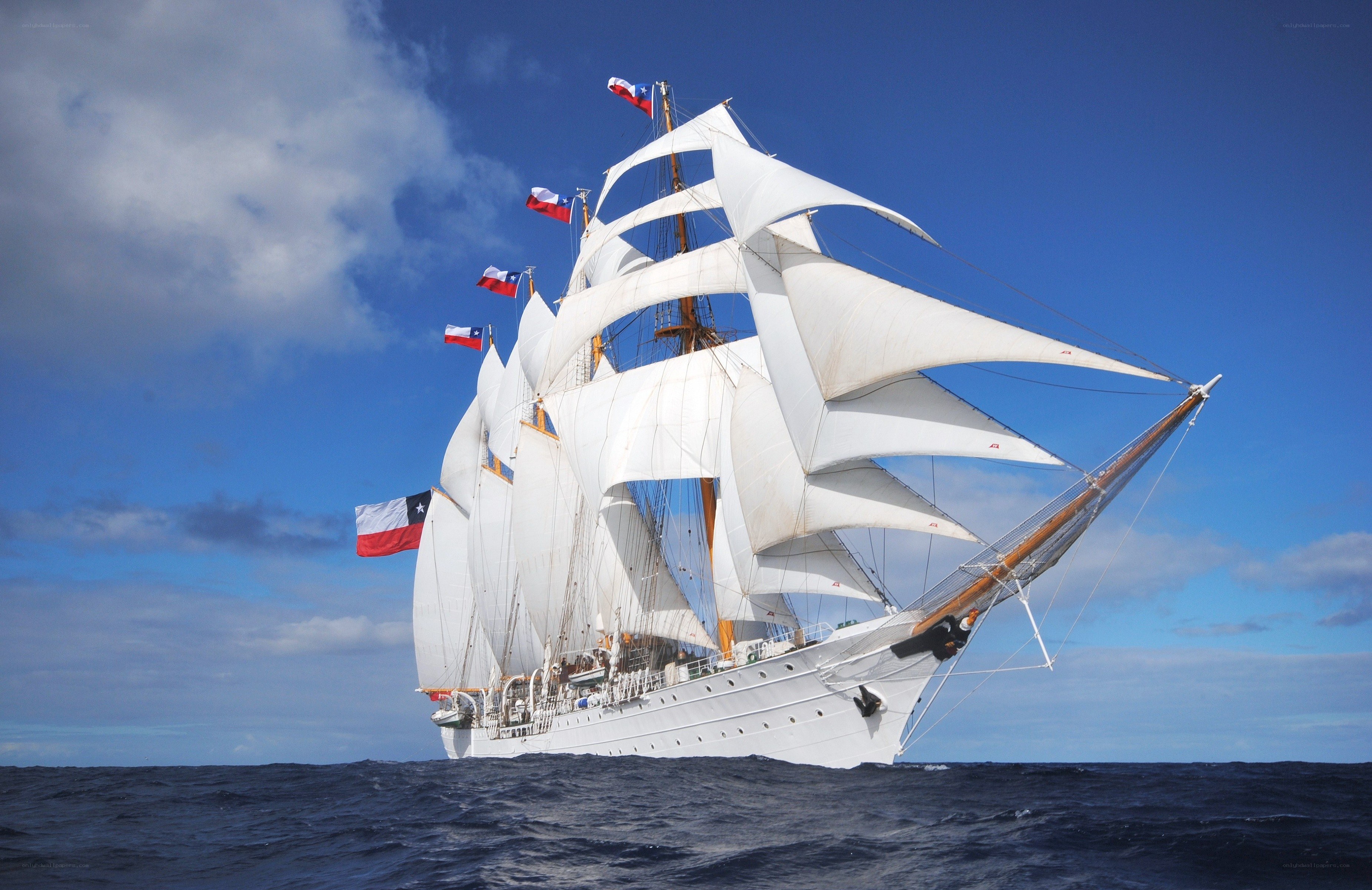 Sailing ship with Chilean flags