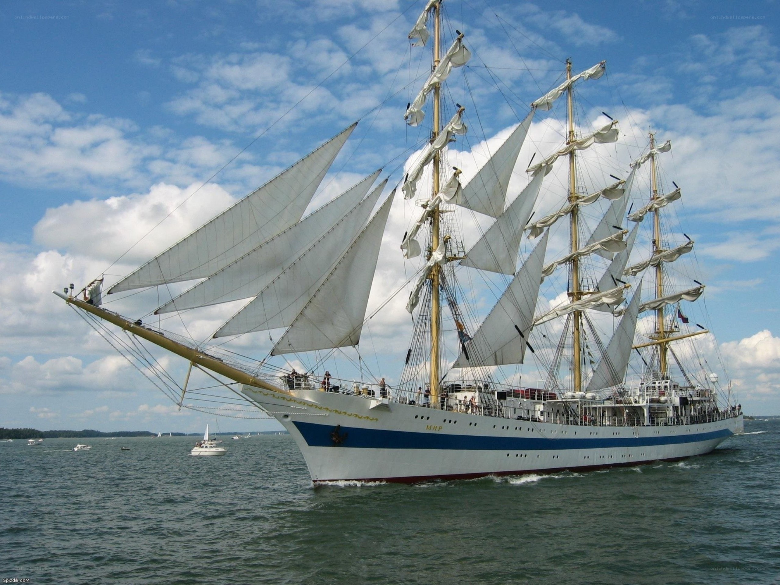 Sailing ship with full sails