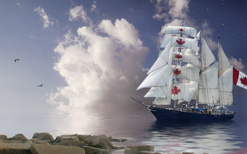 Sailing Ship with Maple Leaves