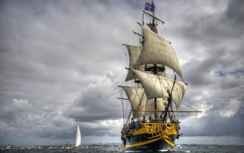 Sailing Ship with Sails — Gray, Dramatic