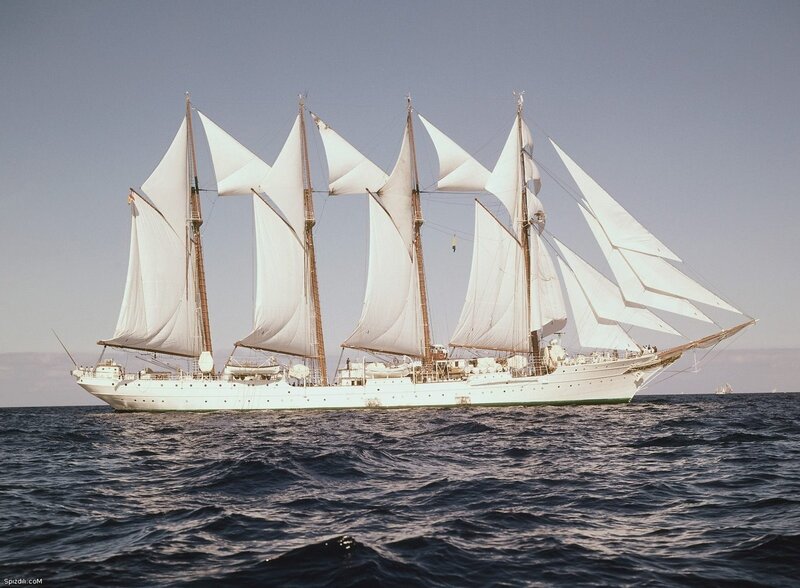 Sailing Ship with Sails — White, Serene, Afternoon, Photograph, Ocean, Sky, People