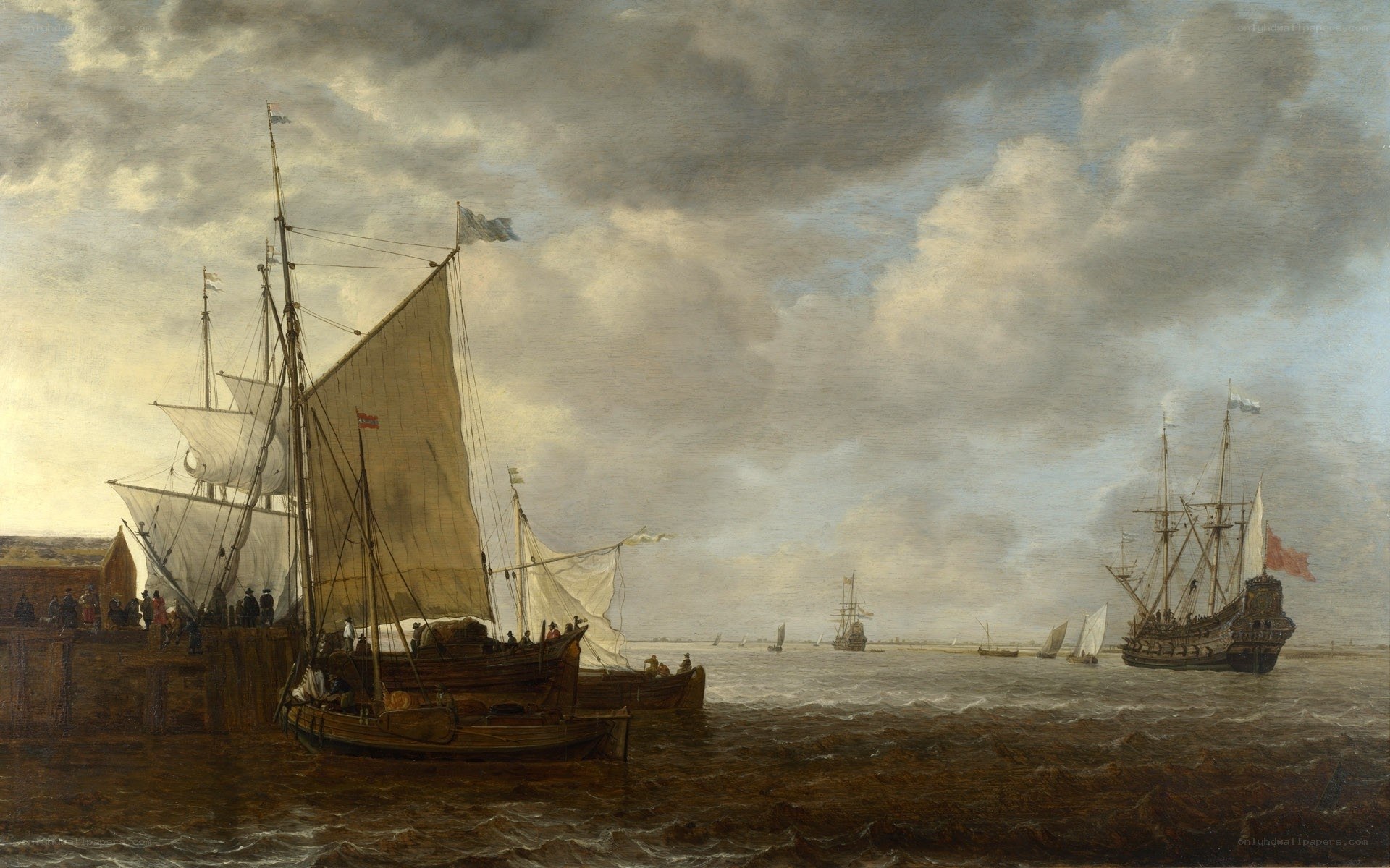 Sailing ships at a harbor