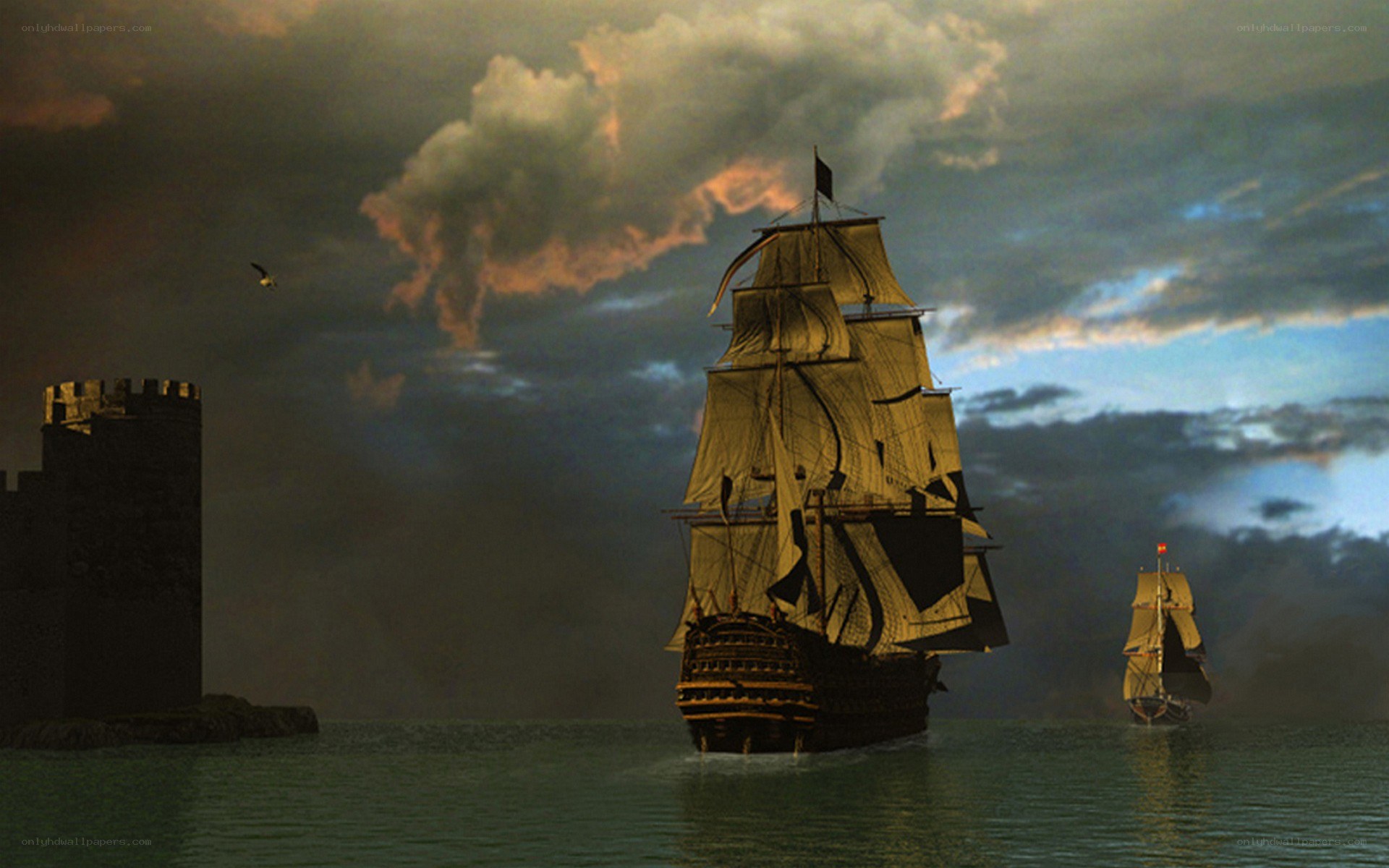 Sailing ships at dusk