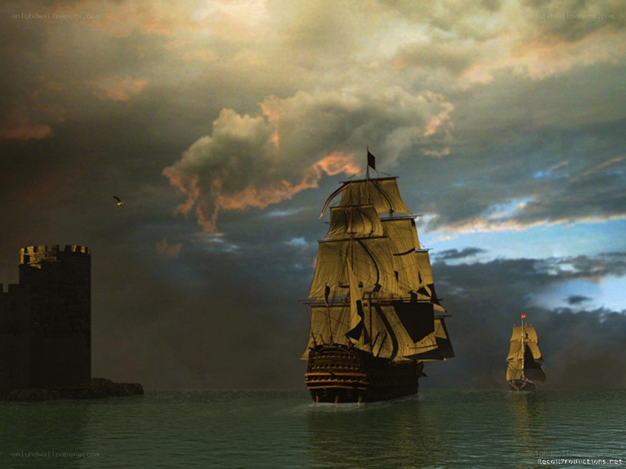 Sailing ships at dusk