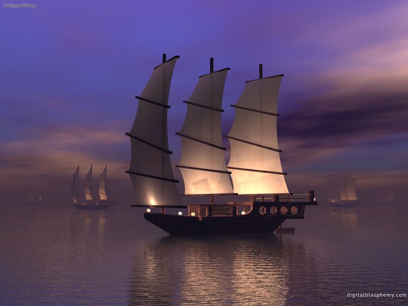 sailing ships at dusk