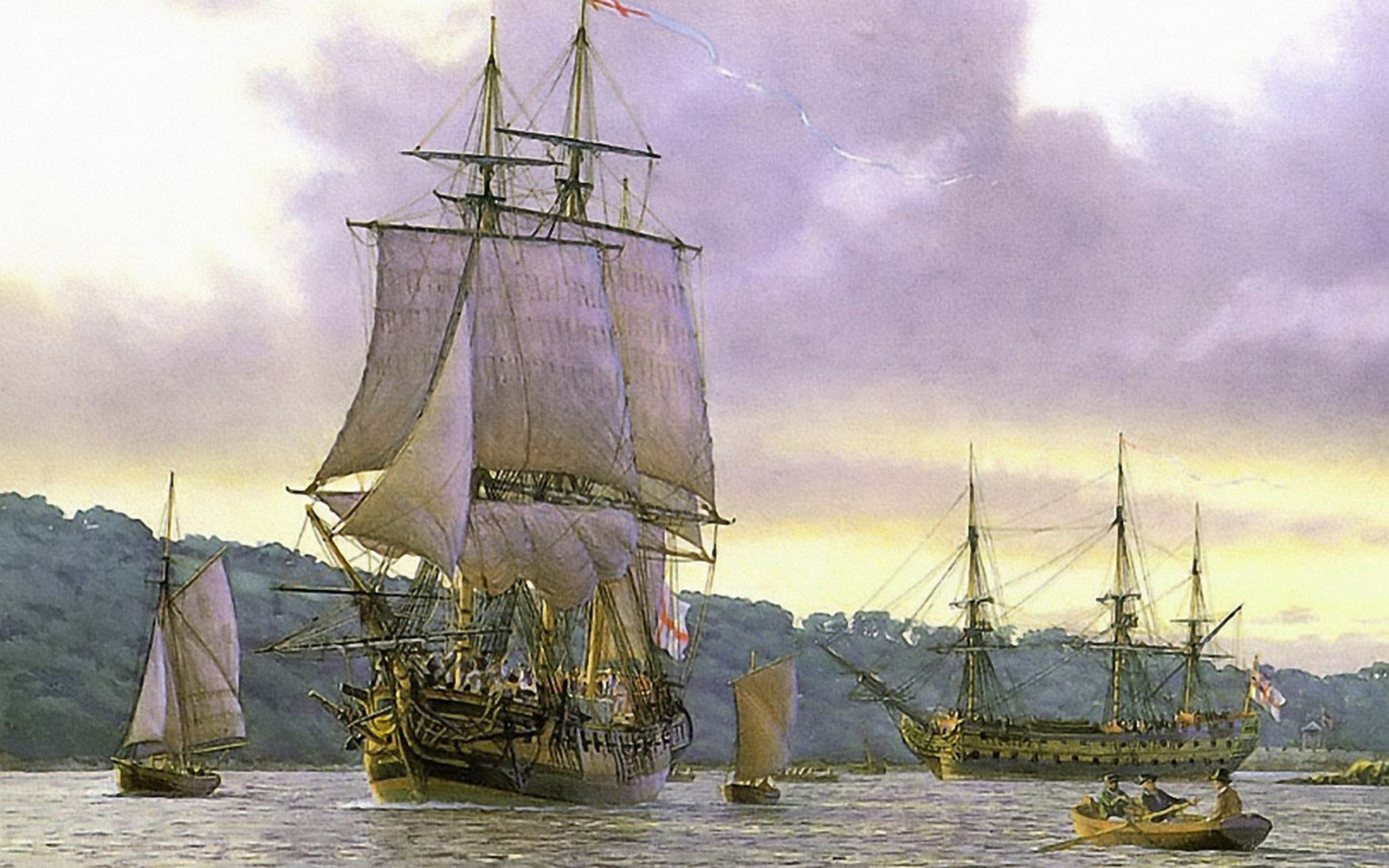 Sailing ships at dusk