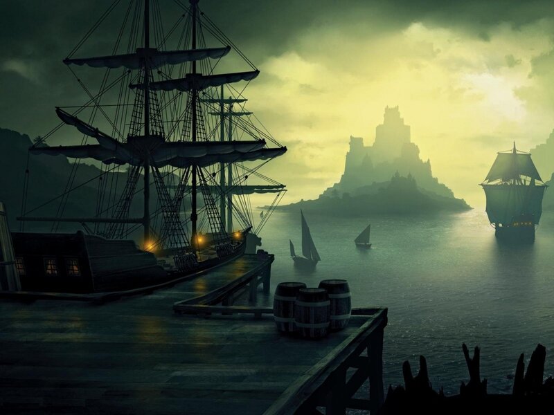 Sailing Ships at Harbor — Green