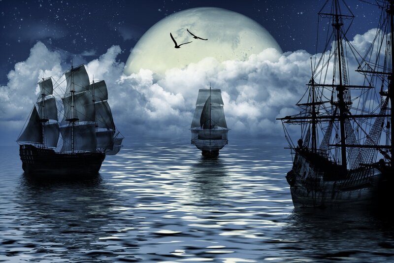 Sailing Ships at Night — Blue, Dramatic, Digital Art, Moon, Clouds