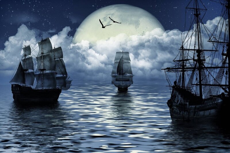 Sailing Ships at Night — Blue, Dramatic, Digital Art, Moon