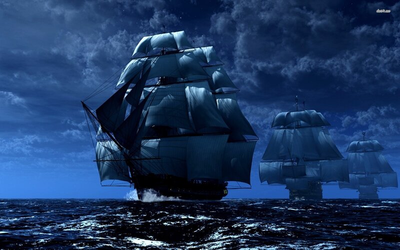 Sailing Ships at Night — Blue, Dramatic, Digital Art, Ocean, Clouds, Moonlight