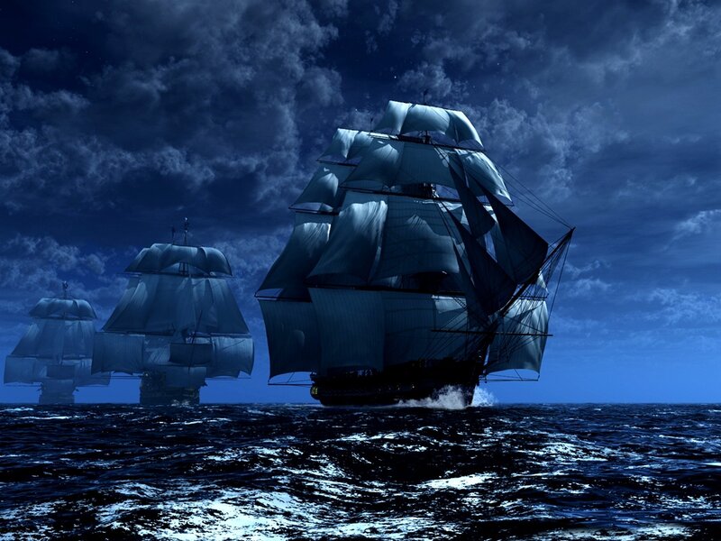 Sailing Ships at Night — Blue, Dramatic, Digital Art, Ocean, Clouds, Night Sky