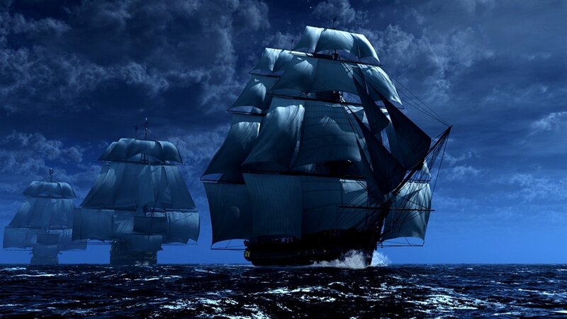 Sailing Ships at Night — Blue, Dramatic, Digital Art, Ocean, Clouds