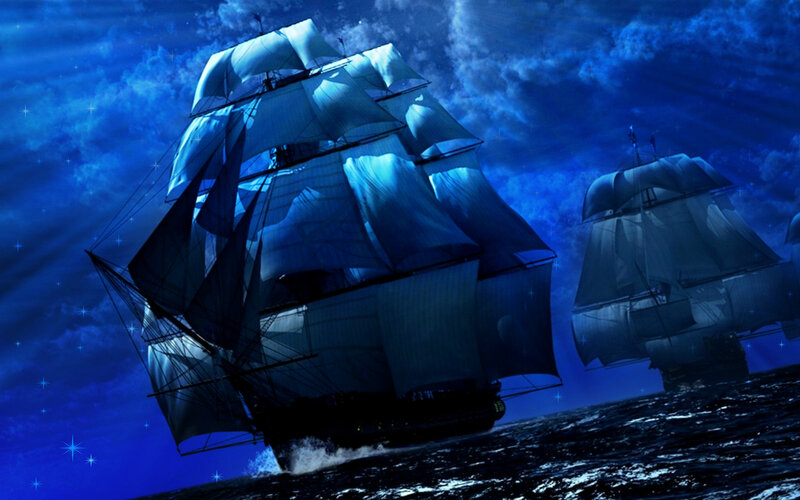 Sailing Ships at Night — Blue, Dramatic, Digital Art, Ocean