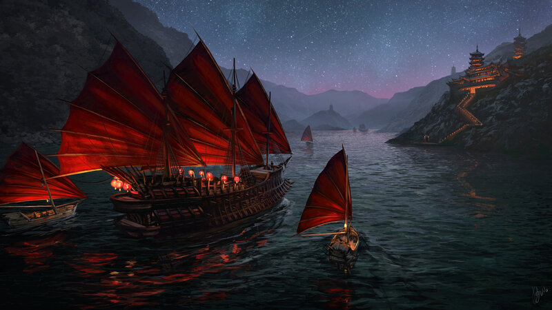 Sailing Ships at Night — Red