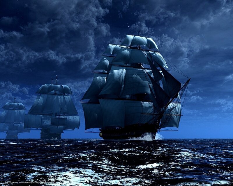 Sailing ships at night